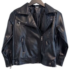 Elife Lehour Moto Biker Jacket Girls 14/16 Black Faux Leather Asymmetric Zip